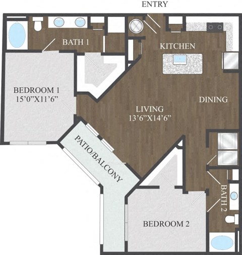Floor plan for 2 beds, 2 baths, 1274 sqft